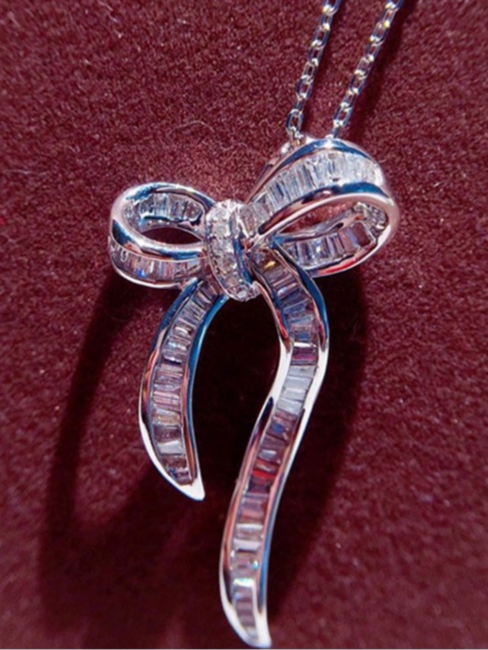 Silver Tone Pave Crystal Bow pendant necklace NWT